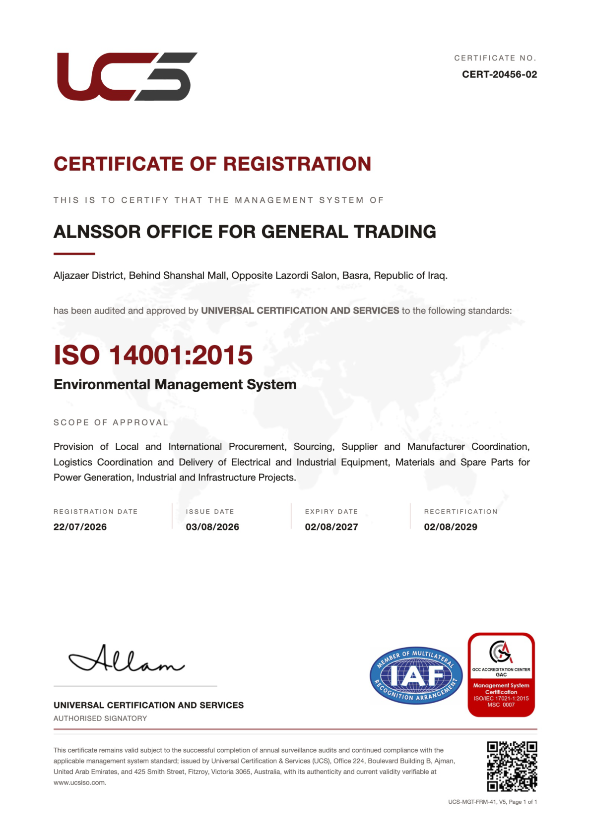 ISO 14001:2015 certificate issued to Alnssor Office by Universal Certification and Services