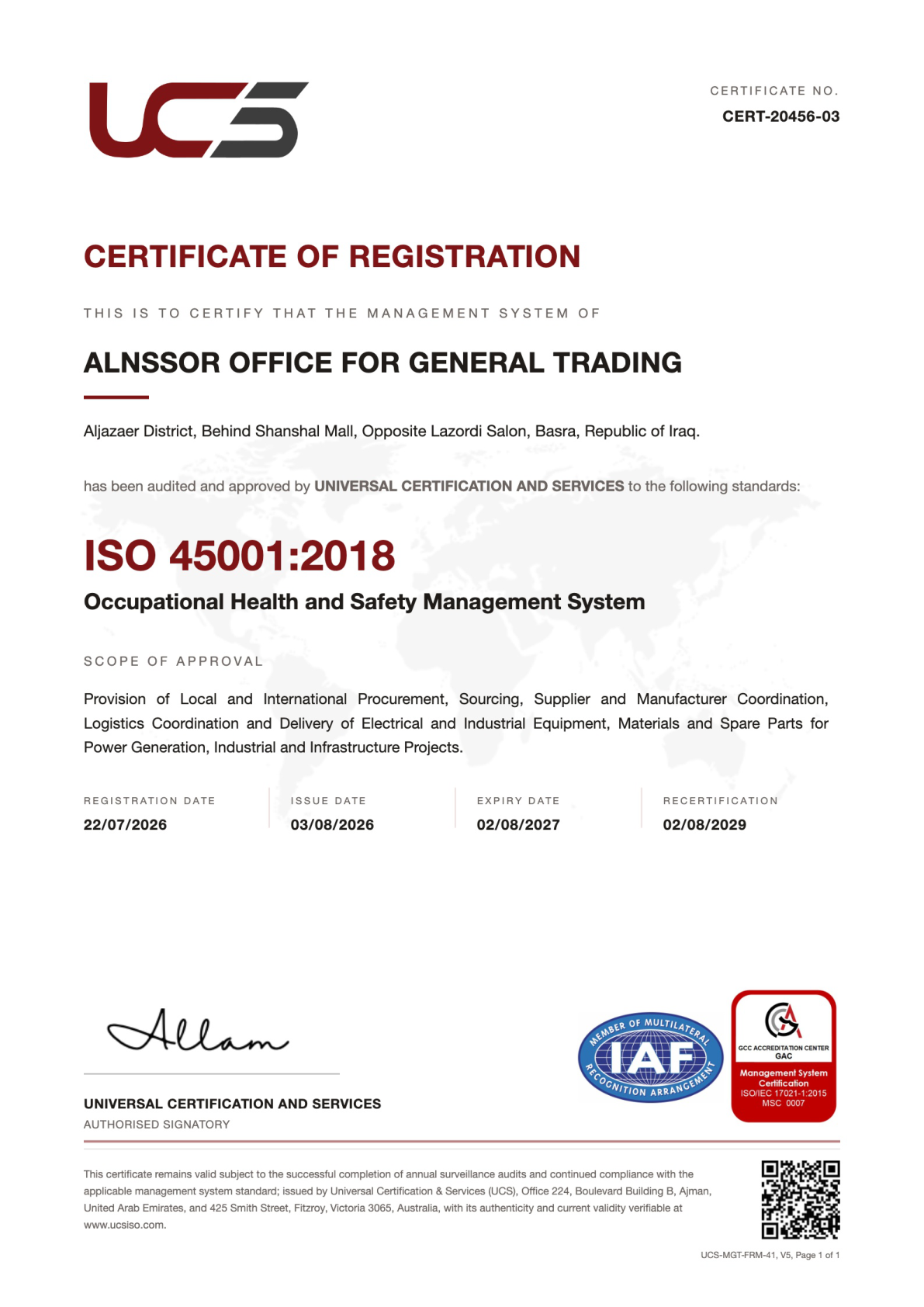 ISO 45001:2018 certificate issued to Alnssor Office by Universal Certification and Services